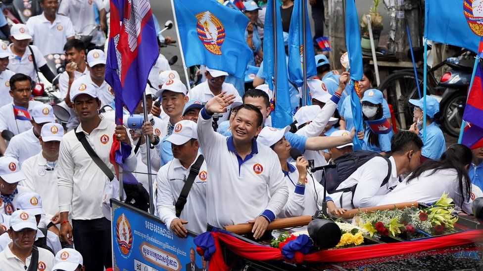 Hun Manet, son of Cambodia's Prime Minister Hun Sen, attends the final Cambodian People's Party (CPP) election campaign