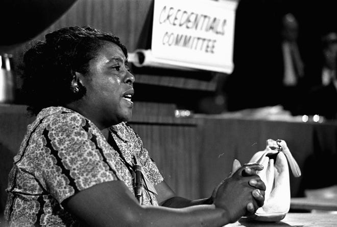 In this Aug. 22, 1964 photograph, Fannie Lou Hamer, a leader of the Freedom Democratic party, speaks before the credentials committee of the Democratic national convention in Atlantic City, in efforts to win accreditation for the largely African American group as Mississippi's delegation to the convention, instead of the all-white state delegation. Miss., honoring her.