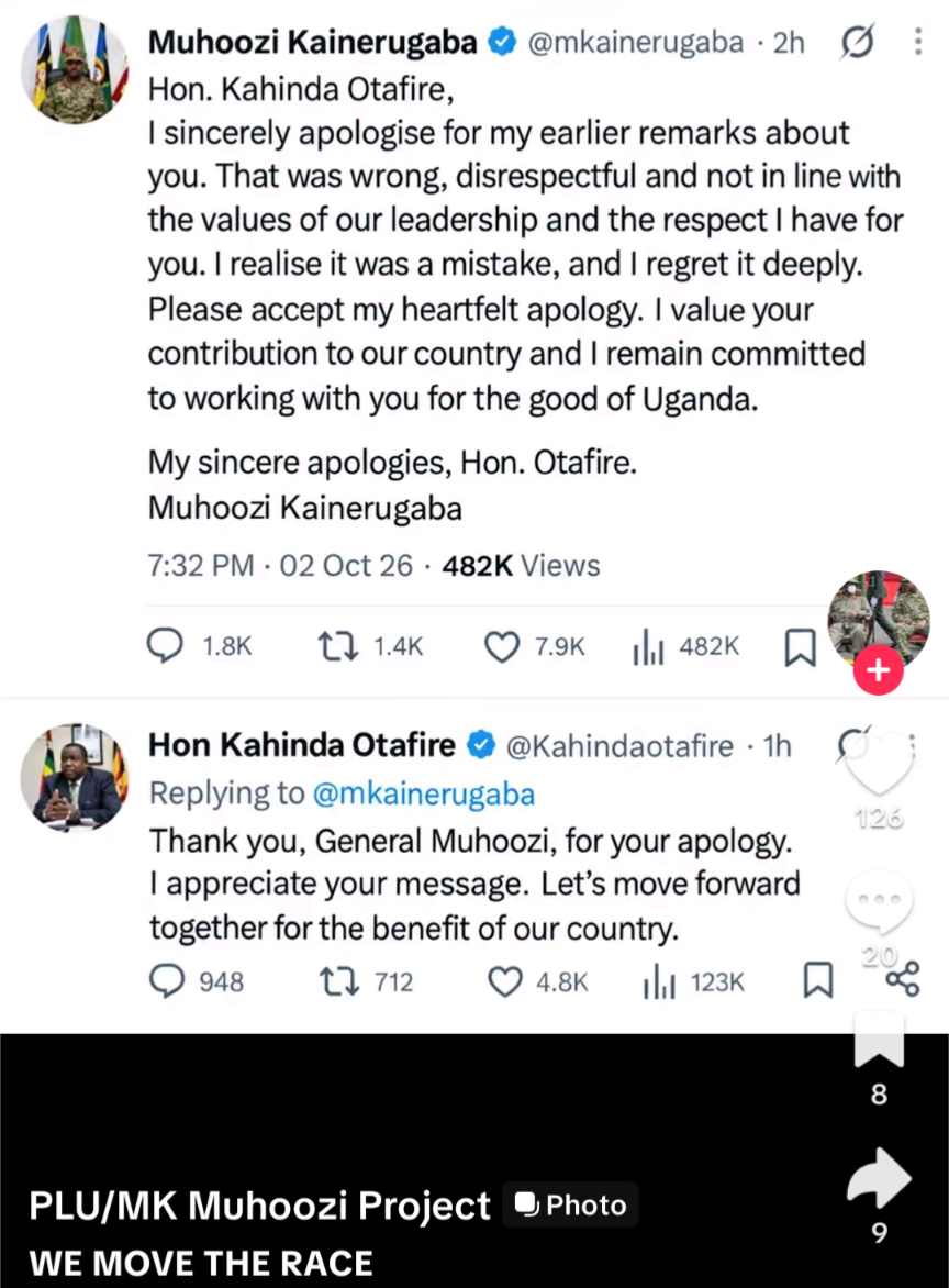 Did Muhoozi apologise to Otafiire?