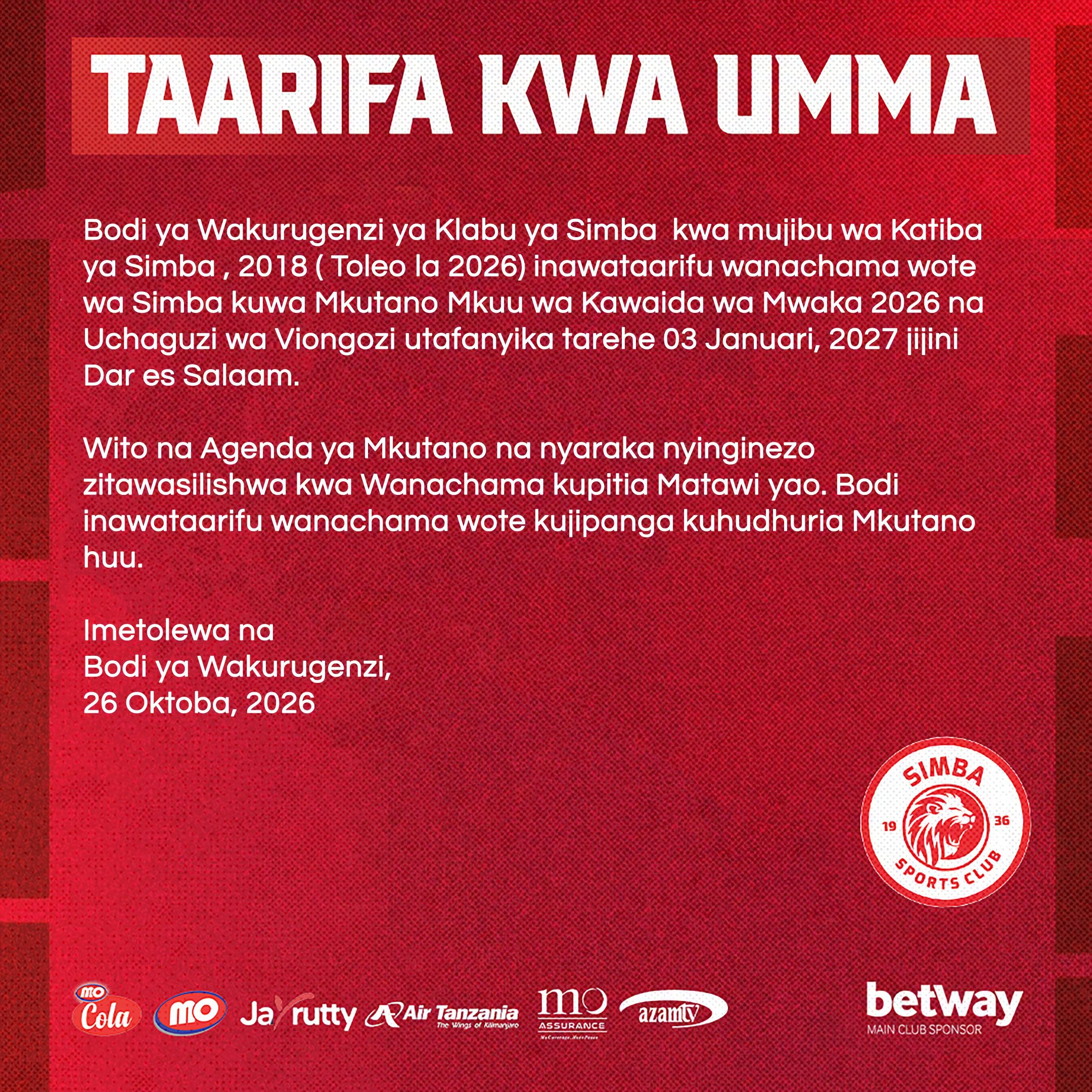 Klabu ya simba yatoa Ratiba ya mkutano mkuu wa kawaida kwa mwaka 2026 ...