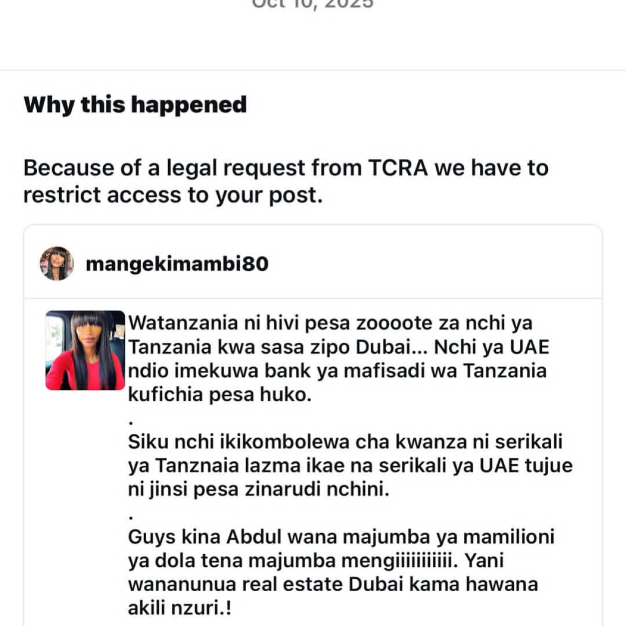 TCRA yazuia maudhui ya Mange Kimambi kuonekana Tanzania. Waamuru Meta kufuta post zake!
