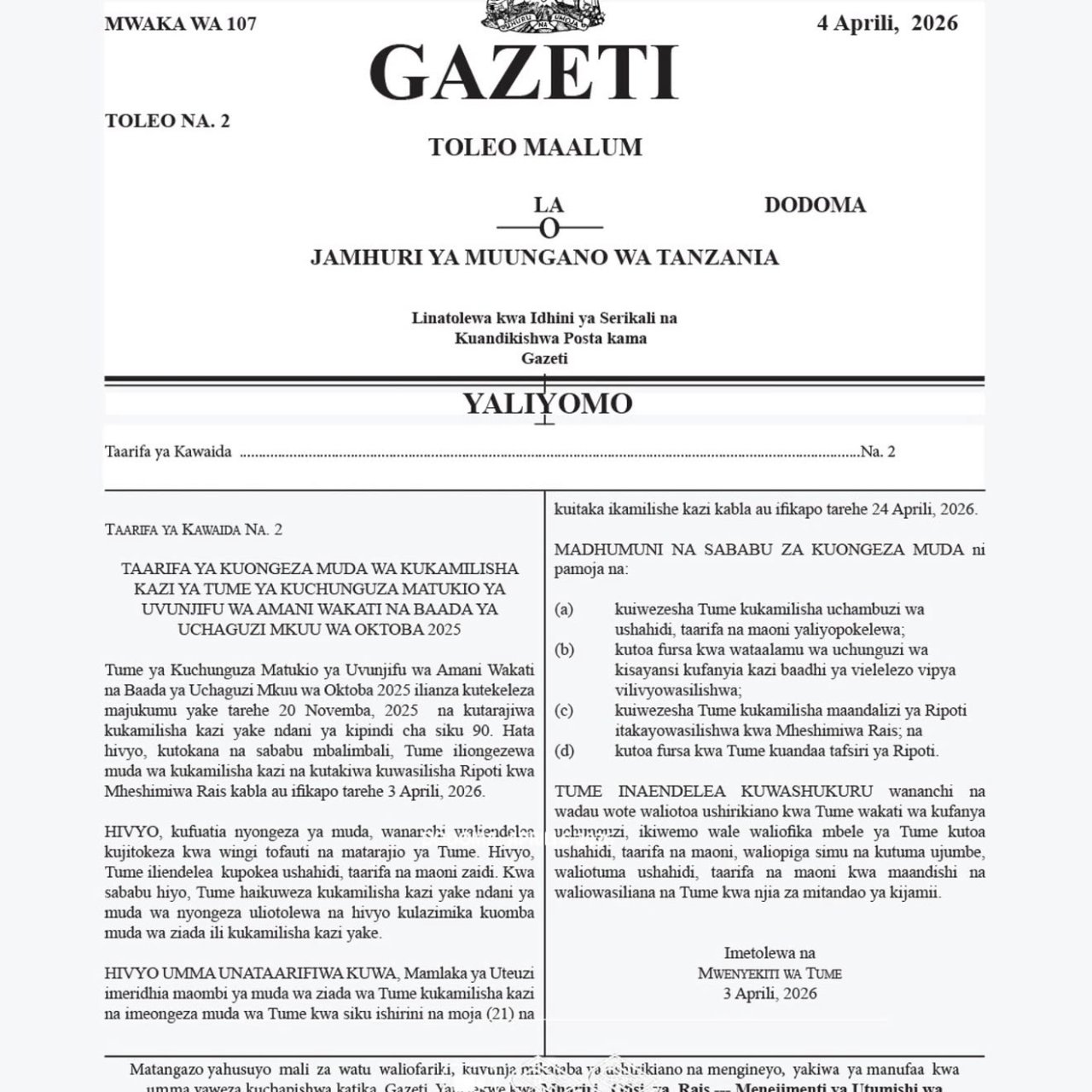 Tume ya Uchunguzi wa Matukio ya Oktoba 29 yaongezewa Muda tena hadi Aprili 24