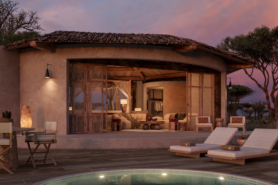 Ubuyu, a Banyan Tree Escape Tanzania Ruaha National Park thatched roof low impact building open indoor outdoor villa sun loungers