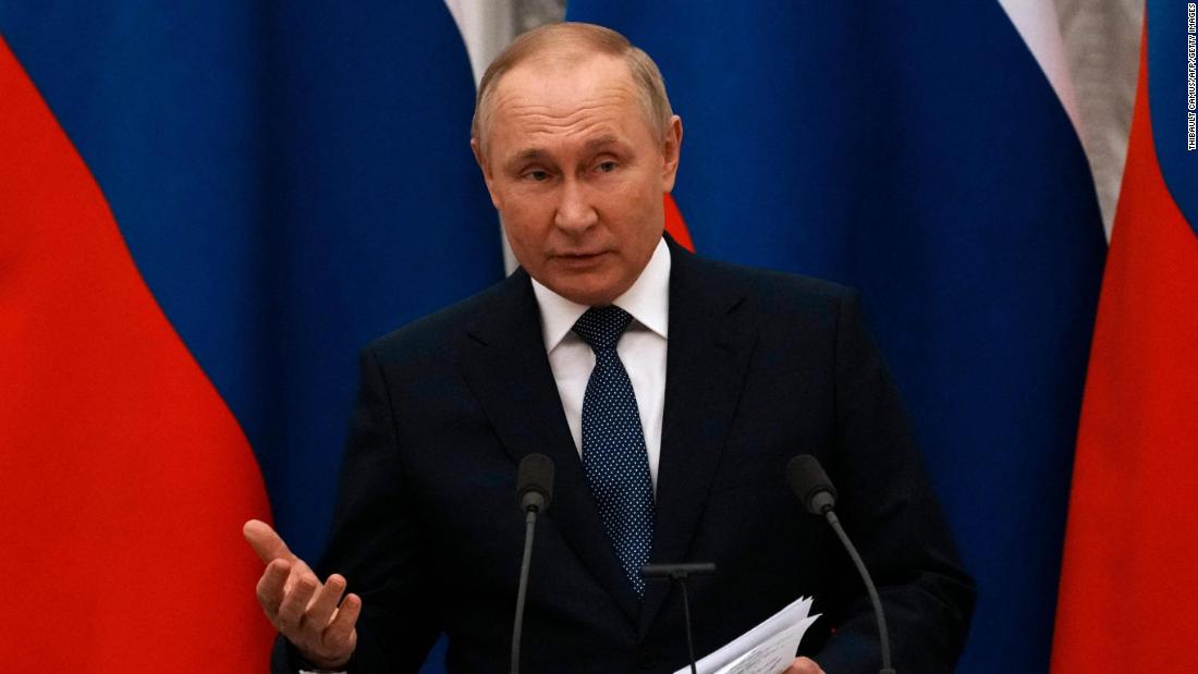Russian President Vladimir Putin gestures during a press conference after meeting with French President in Moscow, on February 7, 2022. - International efforts to defuse the standoff over Ukraine intensified with French President holding talks in Moscow and German Chancellor in Washington to coordinate policies as fears of a Russian invasion mount. (Photo by Thibault Camus / POOL / AFP) (Photo by THIBAULT CAMUS/POOL/AFP via Getty Images) Russian President Vladimir Putin gestures during a press conference after meeting with French President in Moscow, on February 7, 2022. - International efforts to defuse the standoff over Ukraine intensified with French President holding talks in Moscow and German Chancellor in Washington to coordinate policies as fears of a Russian invasion mount. (Photo by Thibault Camus / POOL / AFP) (Photo by THIBAULT CAMUS/POOL/AFP via Getty Images)