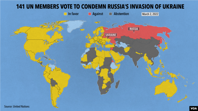 Of the UN's 193 member states, 181 voted; 141 countries supported the resolution condemning Russia and five were against it: Russia, Belarus, Syria, North Korea and Eritrea.