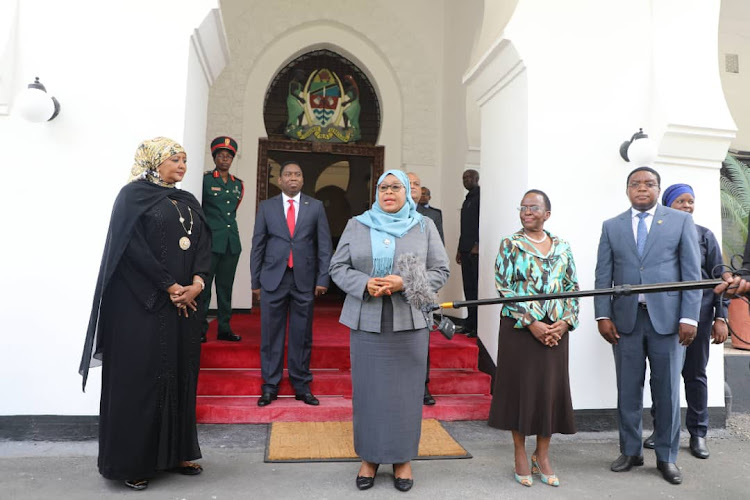 Tanzania President Samia Suluhu Hassan speaks with the media after talks with Kenyan special envoy Amina Mohamed (Sports CS) at State House, Dar es Salaam, on April 10, 2021.