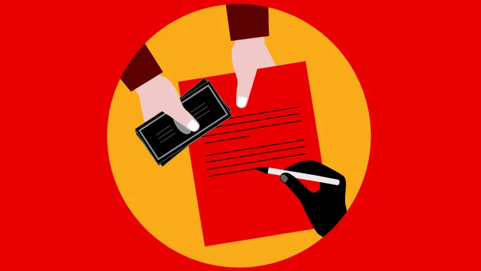 BBC A graphic of a hand writing an essay while another hand takes it and offers cash.