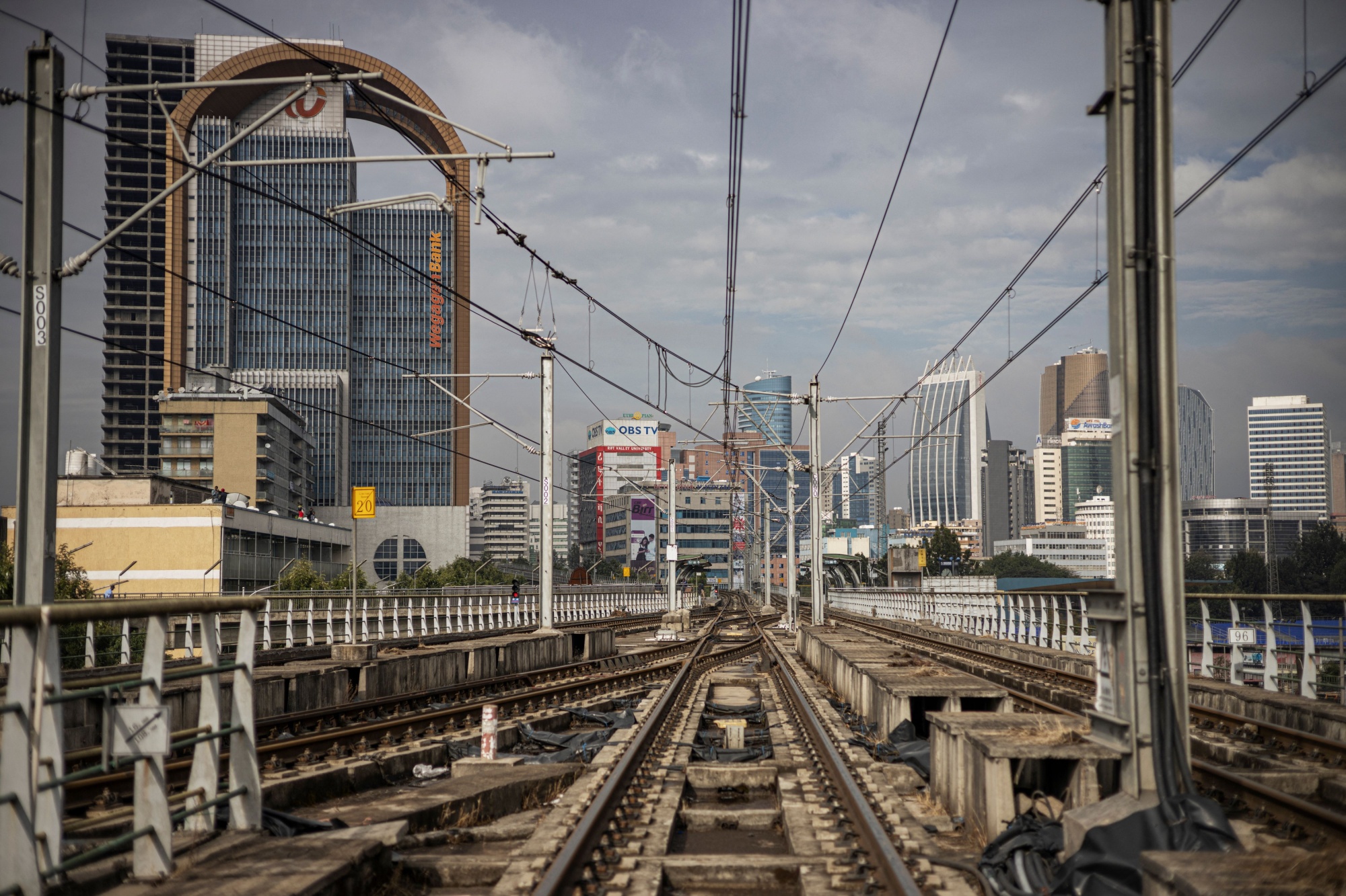 The Addis Ababa skyline is seen from the light rail system on Nov. 19, 2023.