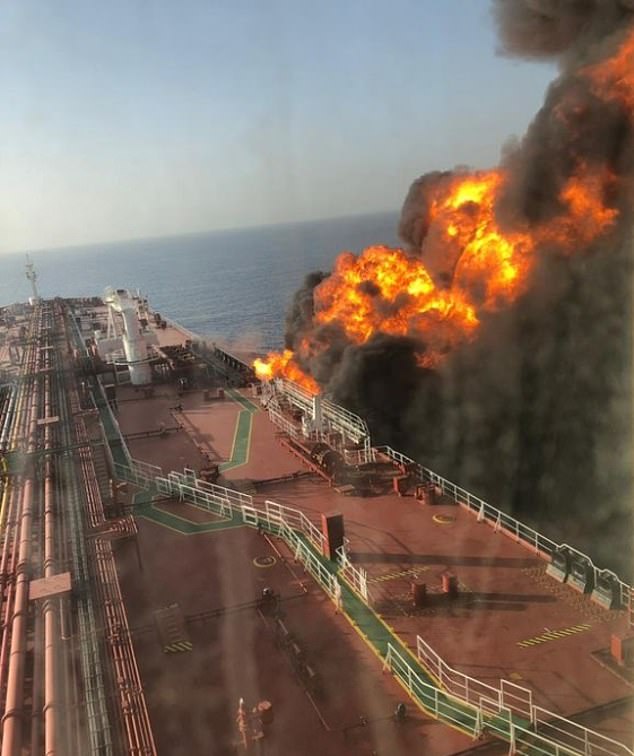 Friday's attack comes after a series of blasts on board tankers owned by Saudi Arabia and its allies which were blamed on Iran. Pictured is a fire on board the Norwegian Front Altair, which was hit by explosions believe to be caused by limpet mines in June