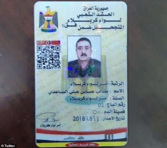 Karbala Brigades commander Taleb Abbas Ali al-Saedi's government ID is seen. He was shot dead on Saturday in Karbala