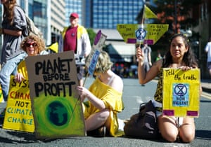 The Extinction Rebellion protestors blocking the Neville Street Bridge on one of the main approach routes into Leeds.