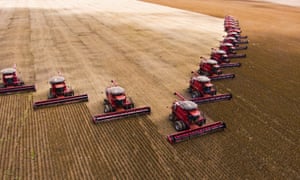 Mass soybean harvesting at a farm in Campo Verde, Brazil.