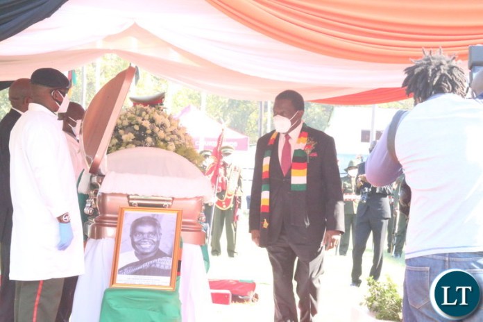 President of Zimbabwe Emmerson Mnagangwa pay his last respect to the late President Kaunda during the state funeral service at the show grounds