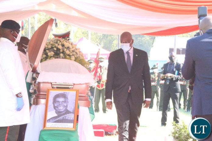 President of Botswana Mr. Eric Masisi pay last respect to the late President Kaunda during the state funeral service at the show grounds
