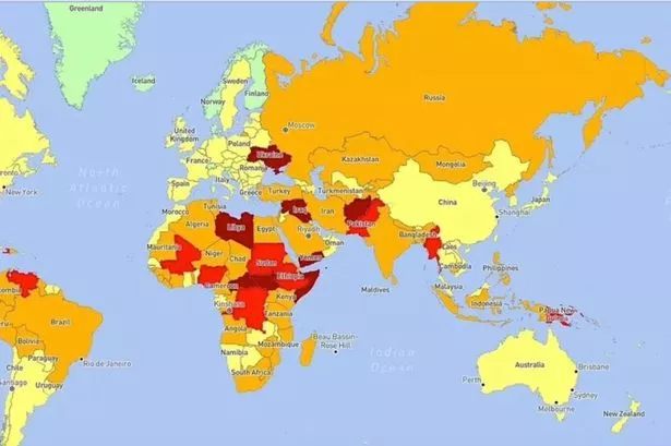 The map shows the world's most dangerous countries