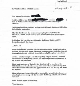 A template letter included in the government advice being circulated for withdrawing children from relationship education classes