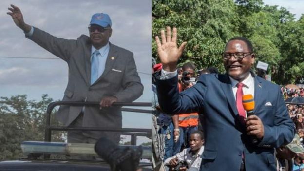 Rais Peter Mutharika (kushoto) na mpinzani wake Lazarus Chakwera