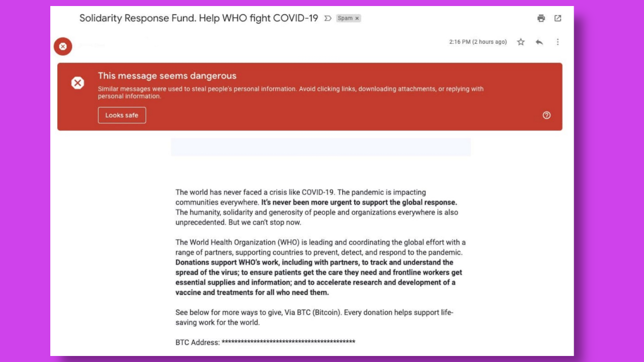 A scam email impersonating the WHO. It encourages the recipient to donate money via Bitcoin.