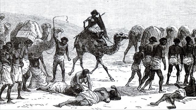 Engraving depicting Abyssinian slaves being taken from the Sudan across the desert to the Red Sea to be taken to Jeddah