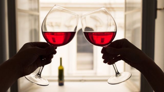 Two people's hands toasting with red wine