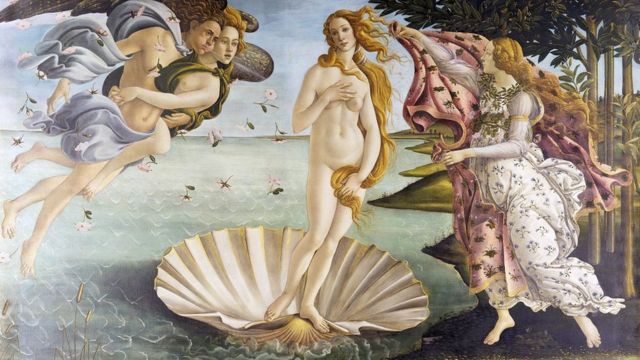 The Birth of Venus by Sandro Botticelli (Italian, circa 1445 - 1510); tempera of canvas, circa 1486, from the Uffizi Gallery, Florence.