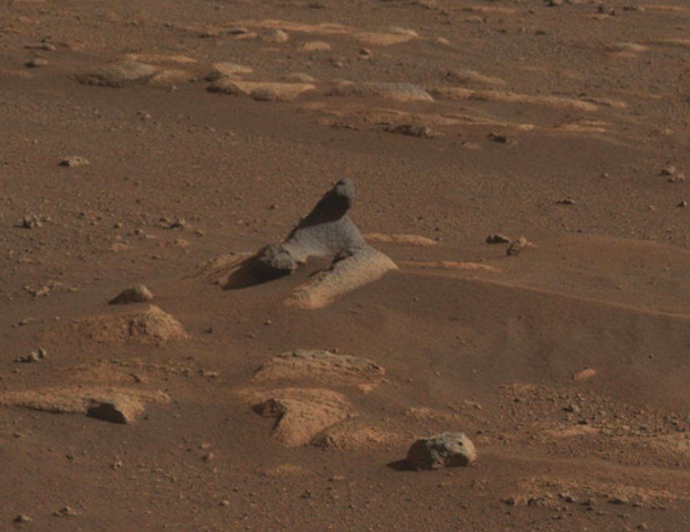 This wind-carved rock seen in first 360-degree panorama taken by the Mastcam-Z instrument