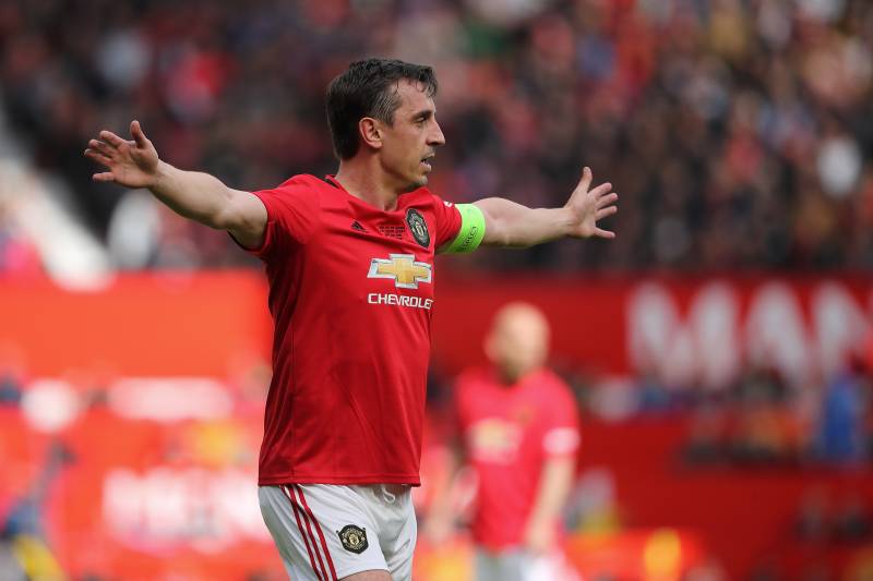 MANCHESTER, ENGLAND - MAY 26: Gary Neville of Manchester United '99 Legends during the Manchester United '99 Legends v FC Bayern Legends match at Old Trafford on May 26, 2019 in Manchester, England. (Photo by Matthew Ashton - AMA/Getty Images)