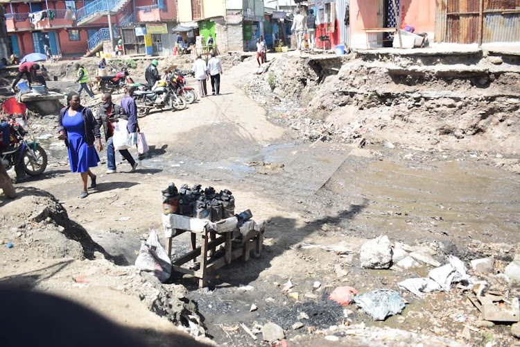 A section of a road tampered with at Mukuru Kayaba which has caused the local residents a nightmare due to challenges in accessibility, flooding and exposure to deadly deceases such as Cholera and Typhoid. January 27, 2022