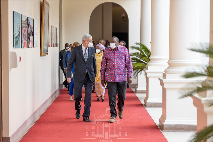 President Uhuru Kenyatta with President of the 75th United Nation's General Assembly Mr Volkan Bozkir before he left for the airport on Tuesday./PSCU