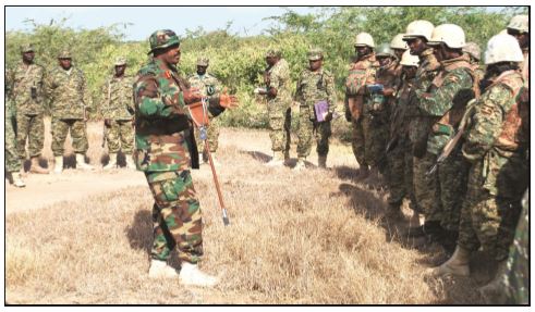 Then commander of UPDF contingent in AMISOM Brig. Kayanja Muhanga addressing soldiers as he was directing operations in Lower Shabelle Region of Somalia in July 2017