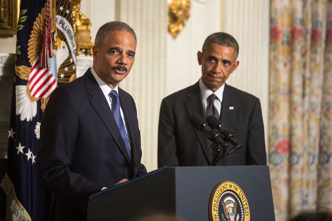 Attorney General Eric H. Holder Jr.,  delivers remarks following President Barack Obama's statement announcing Holder's departure