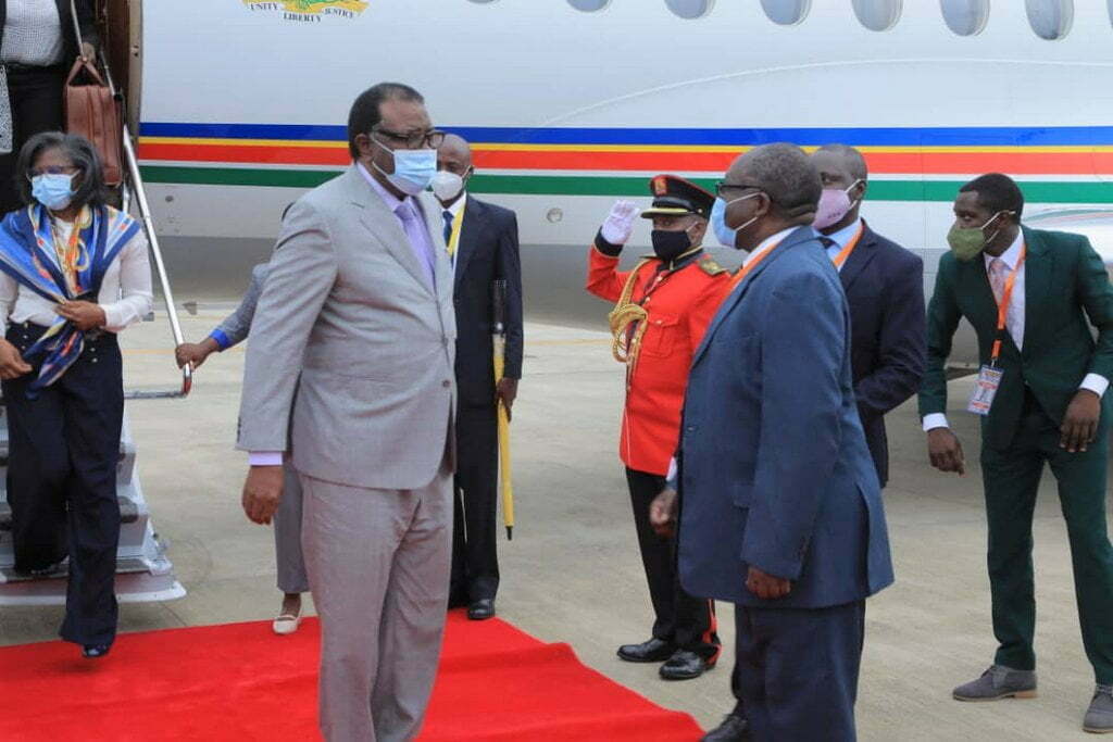 Namibia president Hage Gottfried Geingob (left) arrives at Entebbe Airport in Uganda ahead of President Museveni's swearing-in