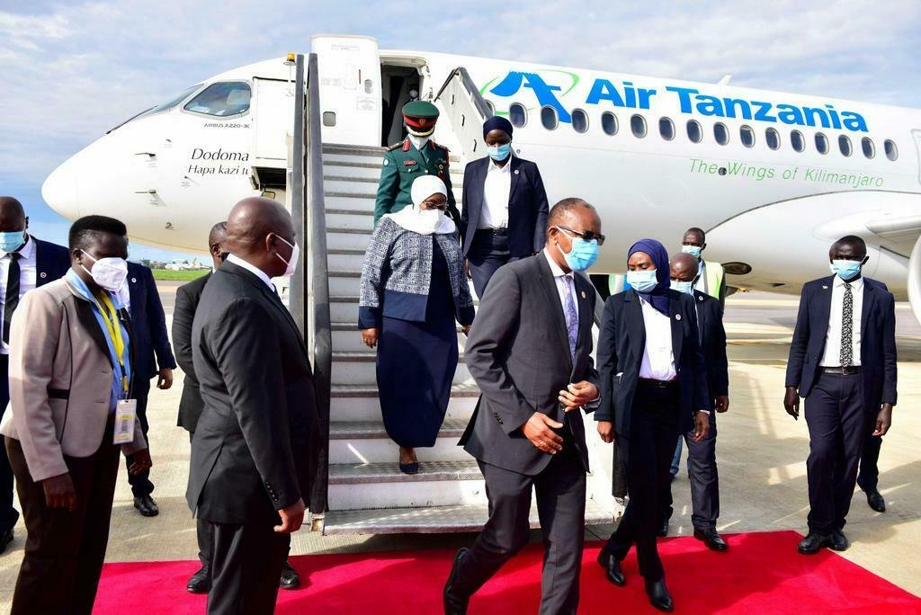 Tanzania president Samia Suluhu Hassan arrives at Entebbe International Airport