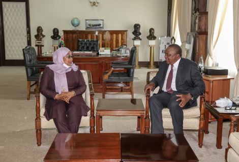 President Uhuru Kenyatta and President Samia Suluhu at State House on May 4, 2021