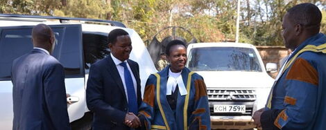 Machakos County Governor Alfred Mutua with the County Speaker Dr Florence Muoti Mwangangi outside the County Assembly in 2019