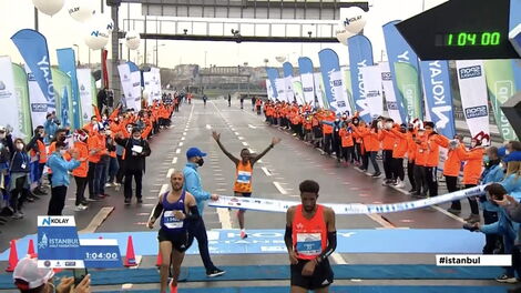 Half Marathon Word record holder Ruth Chepngetich at the finish line on the Instanbul Half Marathon