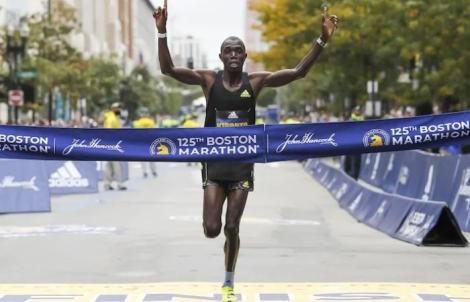 Benson Kipruto crosses the Finish Line at the 2021 Boston Marathon on Monday, October 11 held in Boston,USA.
