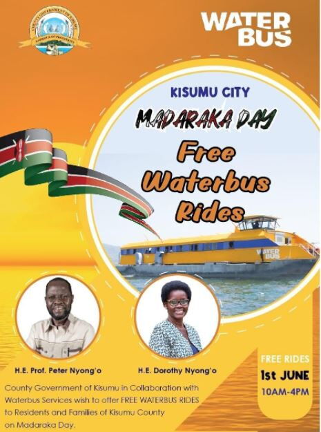 County Government of Kisumu in collaboration with waterbus services offers free waterbus rides on Lake Victoria to residents and families of Kisumu County on Madaraka Day from 10 am - 4 pm.