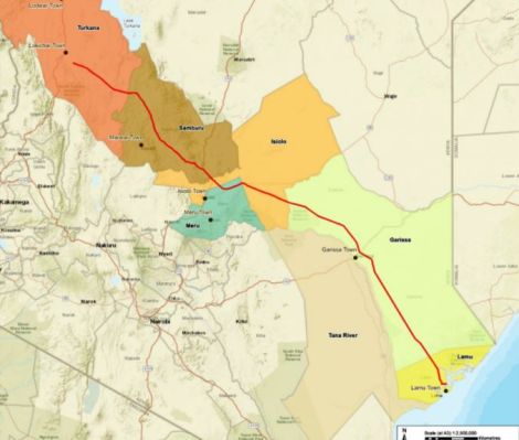 The representation of the pipeline route from Lamu to Lokichar