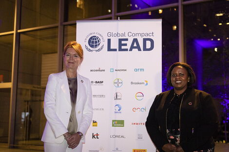 The outgoing Executive Director of the United Nations Global Compact Lise Kingo (L) with Sanda Ojiambo in September 2018 in New York.