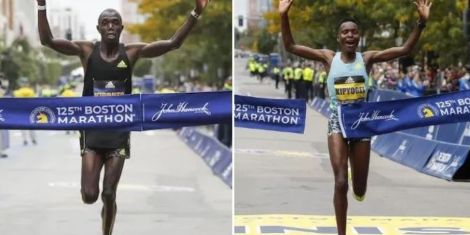 A Collage of Benson Kipruto (left) and Diana Kipyogei Crossing the Finish Line in Their Respective Races