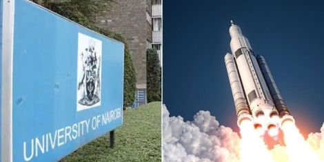 Entrance to the University of Nairobi (left) and a spacecraft taking off.
